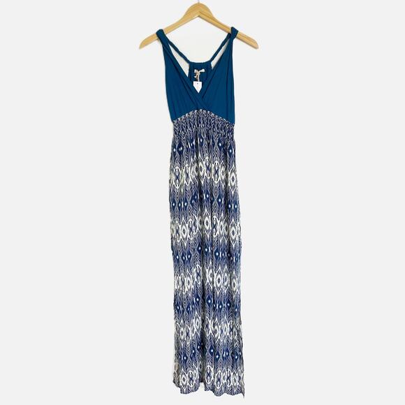 NWT Stitch Fix Mystree Sid Blue Diamond Surplice Neck Halter Slit Maxi Dress S - Picture 1 of 7